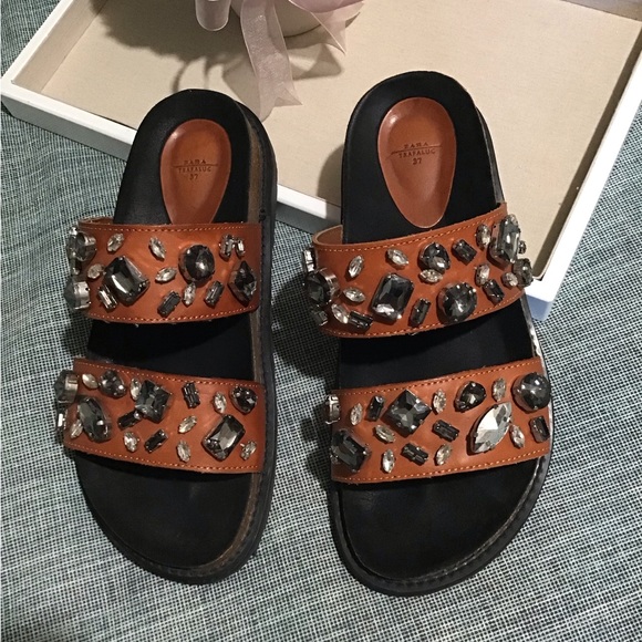 ZARA TRAFALUC LEATHER  Rhinestone Sandals Size37 is 61/2 Very Beautiful.See Pics - Picture 4 of 10